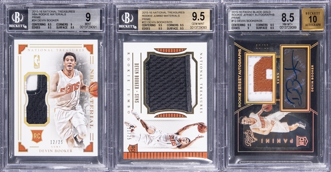 2015-16 Panini National Treasures & Black Gold Devin Booker BGS-Graded Rookie Card Collection (3) Featuring 1 Signed & 2 Patches